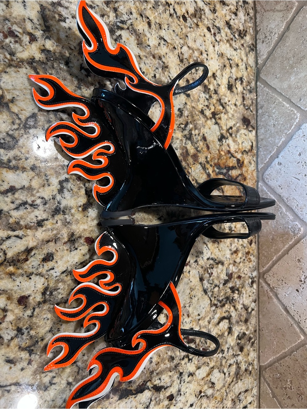 Prada 2018 Flame Detail Black Patent Leather Wedge Sandals w/ Orange Flame - Picture 6 of 14